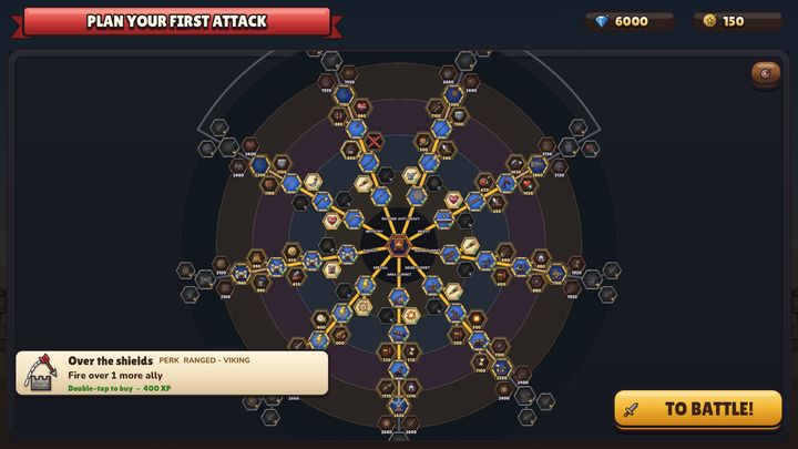 The Conquest Tree: a radial skill tree of hexagonal upgrades and perks.