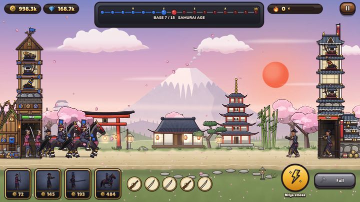 Samurai Age battle: cavalry charges past cherry blossoms, a torii gate and a pagoda under a red sun.