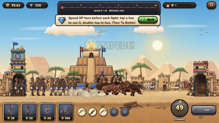 Bronze Age battle: a bull stampede charges through the enemy line in front of a desert ziggurat.
