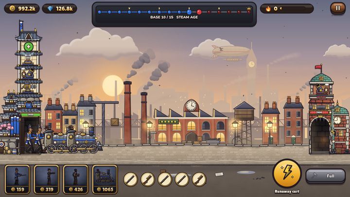 Steam Age battle: a steam engine rolls between brick factories and smoking chimneys at sunset.