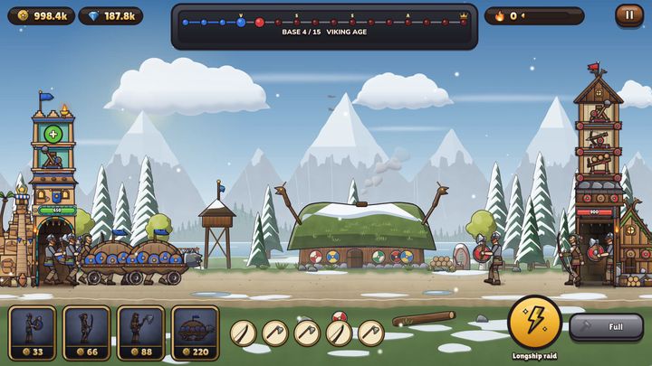 Viking Age battle in the snow, with a battering ram rolling towards a wooden longhouse fort.